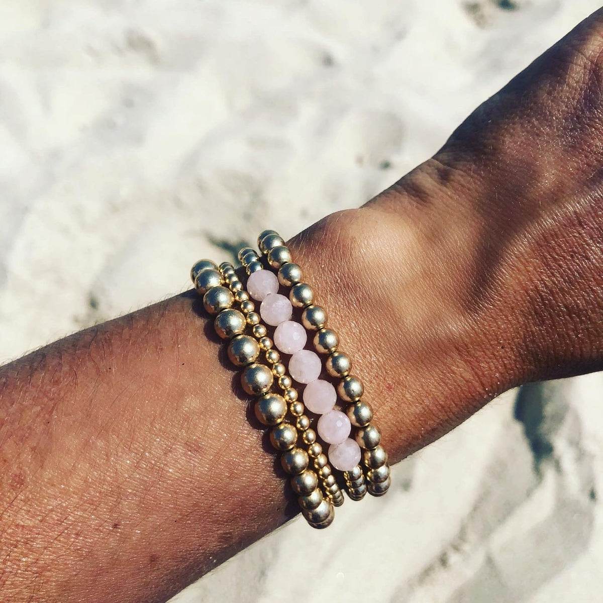 14k Gold Beaded Bracelet with Natural Rose Quartz – Sophia James Designs