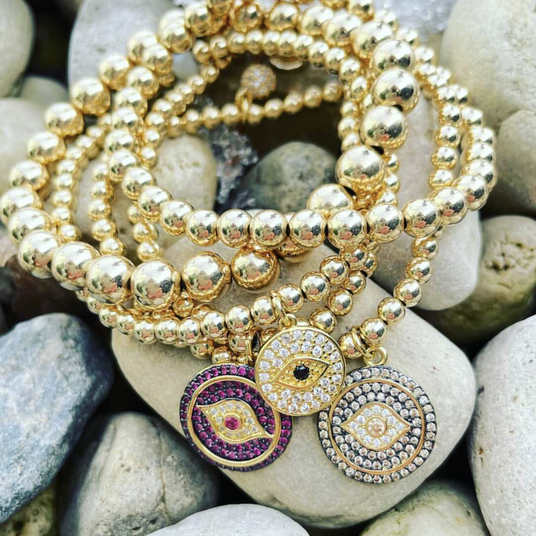Bead Bracelet with Majestic Evil Eye - Yellow Gold and Pink