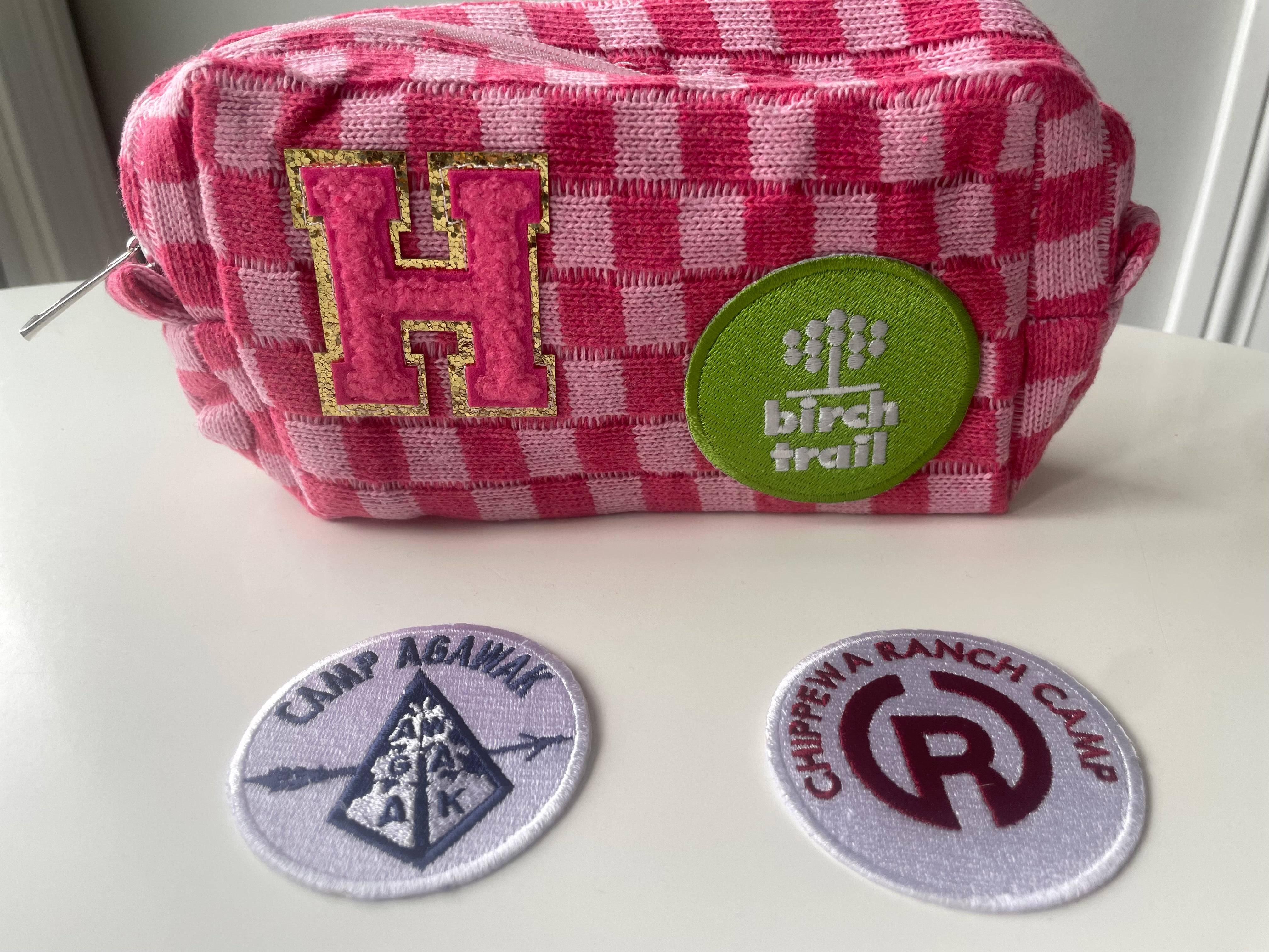 Camp Travel Organizer, Cosmetic Bag with Initial and Camp Patch