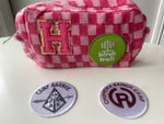 Load image into Gallery viewer, Camp Travel Organizer, Cosmetic Bag with Initial and Camp Patch
