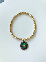Load image into Gallery viewer, 14k Gold Filled Beaded Bracelet with Green and Black Evil Eye Charm
