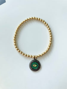 14k Gold Filled Beaded Bracelet with Green and Black Evil Eye Charm
