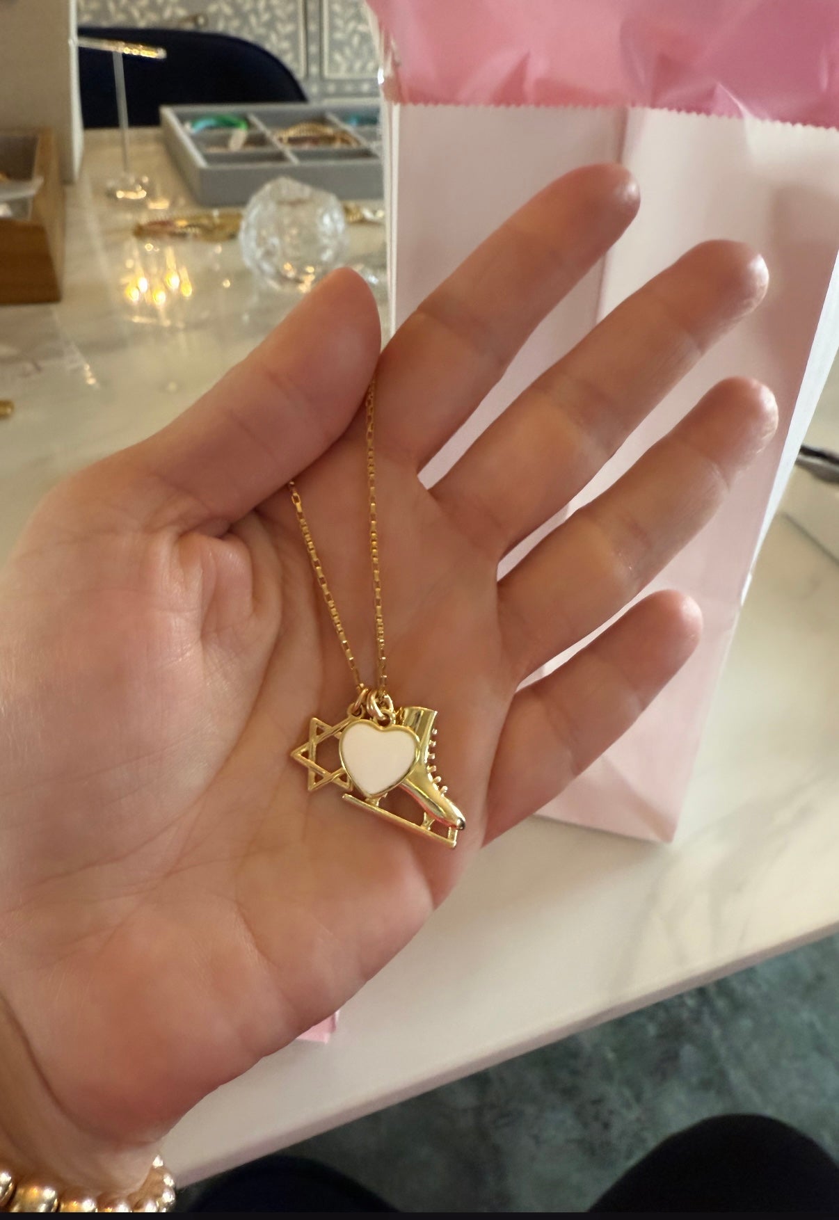 Gold Ice Skate, Heart and Jewish Star Charm Necklace