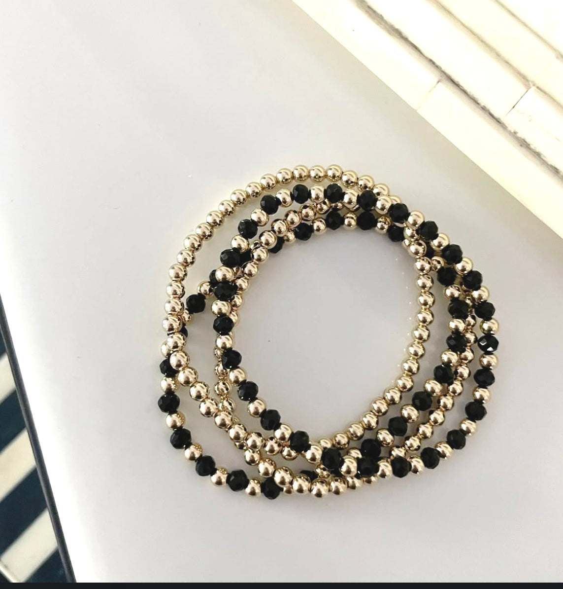 Black and Gold Beaded Bracelet Set of 4