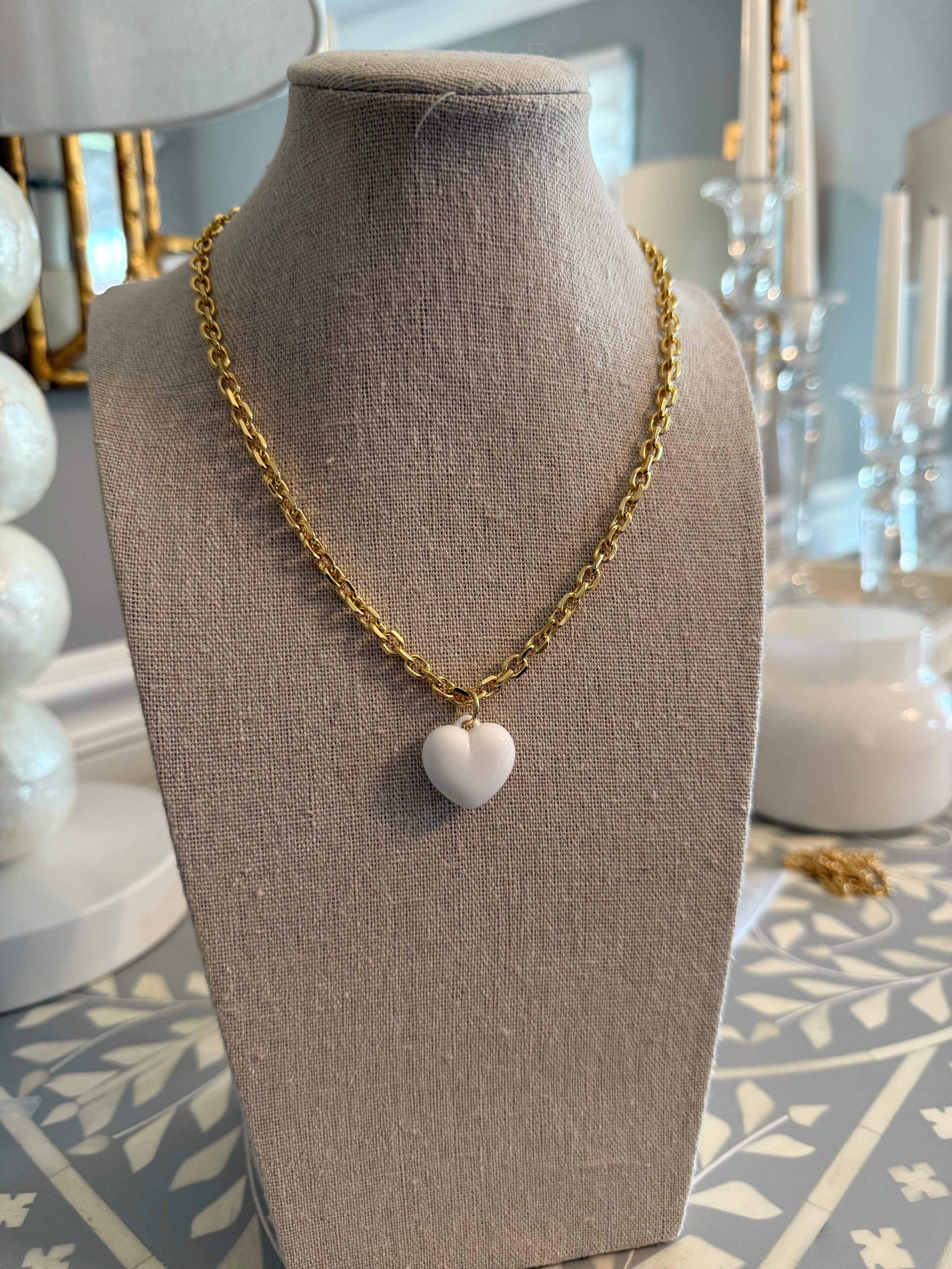 White Heart on Gold Chain Necklace