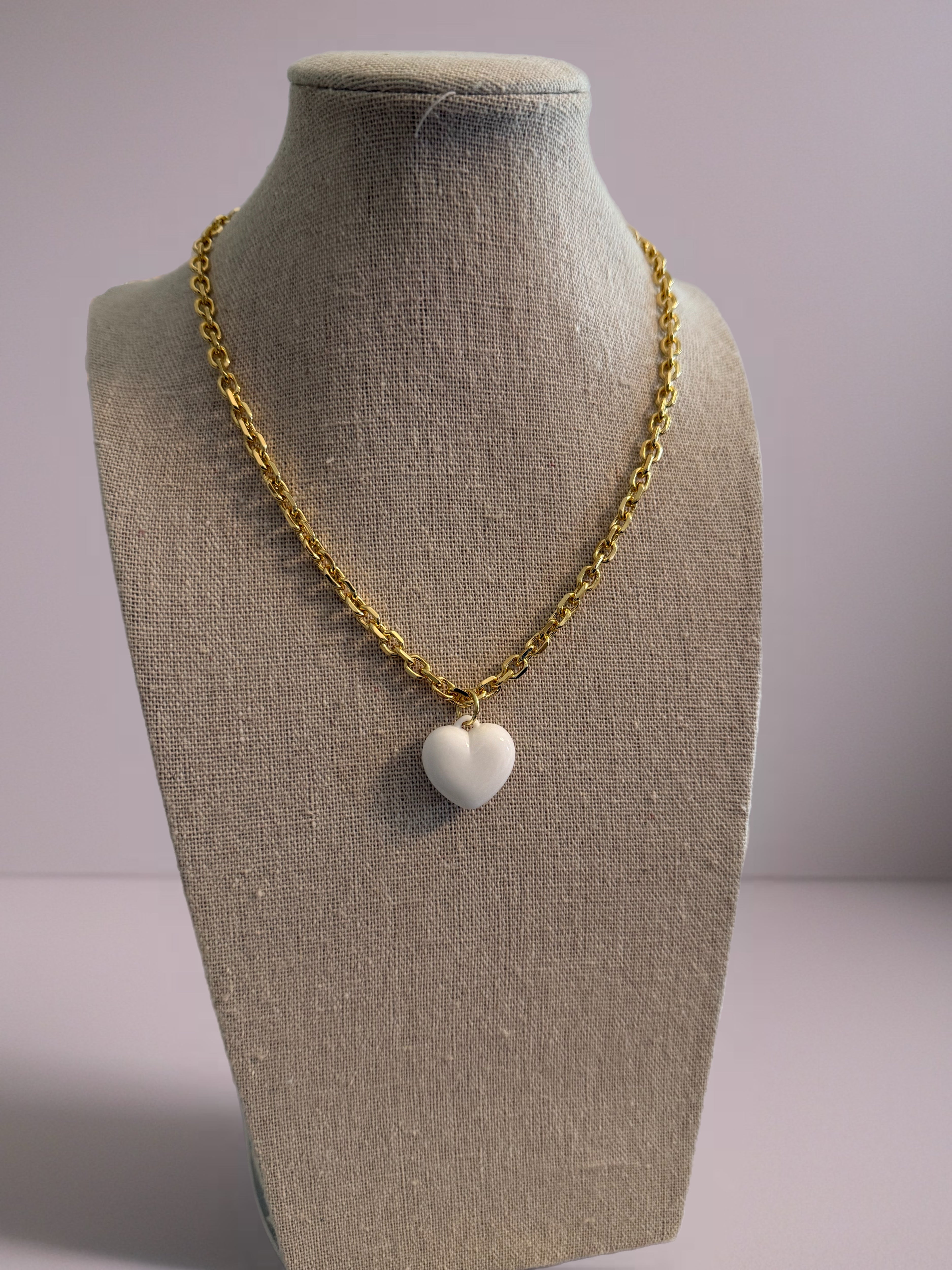 White Heart on Gold Chain Necklace