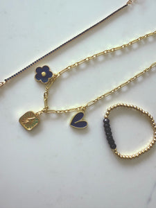 SJD Charm Necklace in Navy & Gold – Clover, Heart & Lightning Bolt