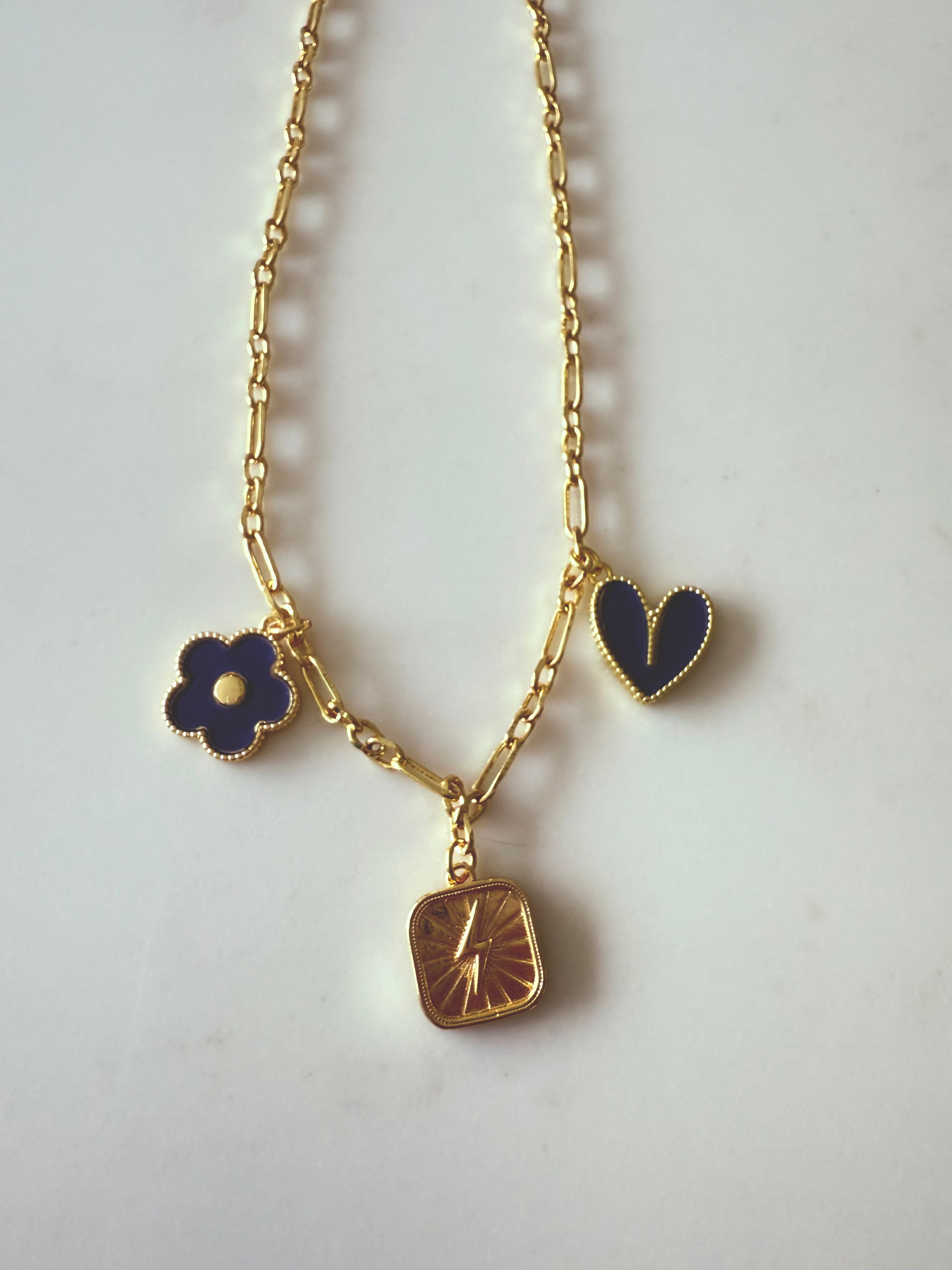 SJD Charm Necklace in Navy & Gold – Clover, Heart & Lightning Bolt
