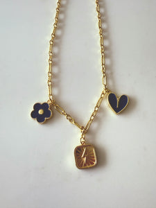 SJD Charm Necklace in Navy & Gold – Clover, Heart & Lightning Bolt