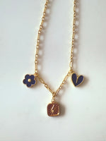 Load image into Gallery viewer, SJD Charm Necklace in Navy &amp; Gold – Clover, Heart &amp; Lightning Bolt
