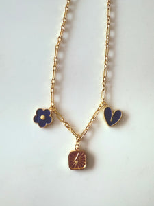 SJD Charm Necklace in Navy & Gold – Clover, Heart & Lightning Bolt