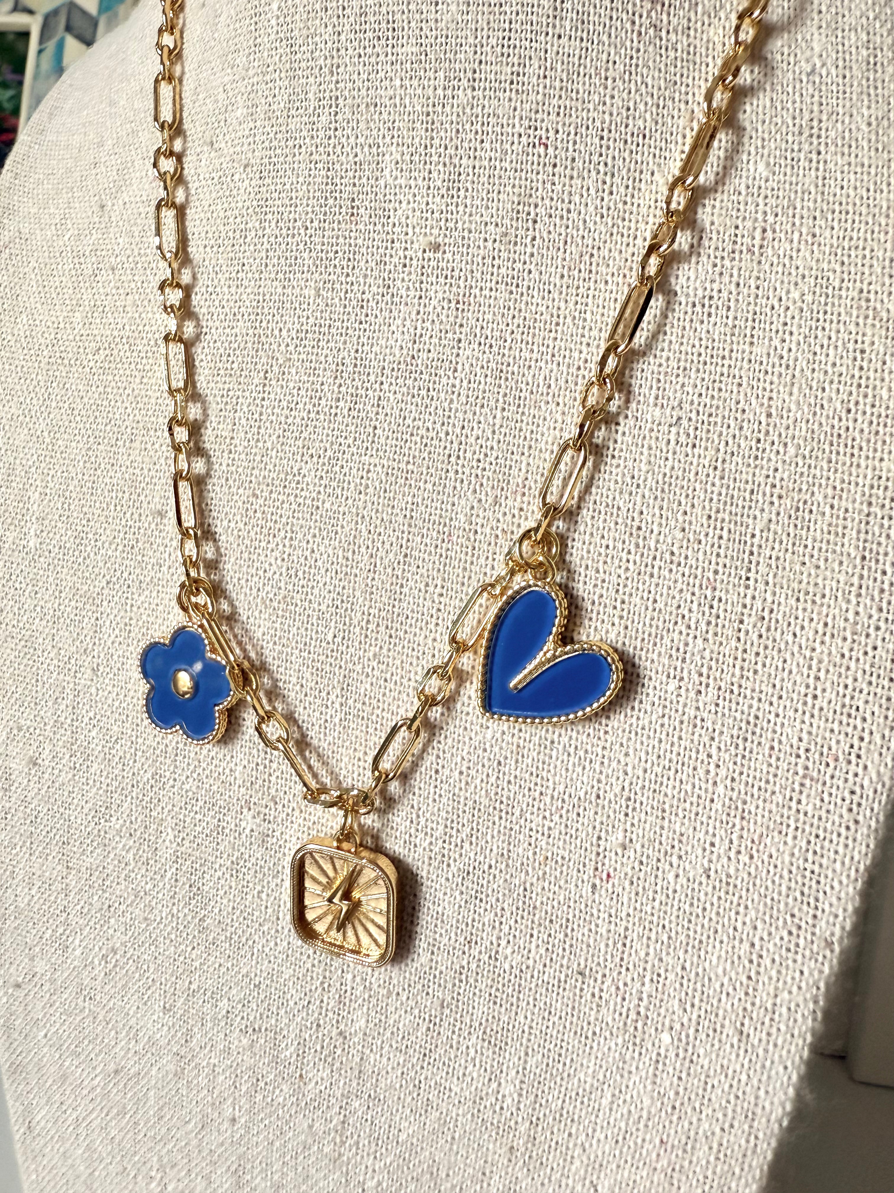 SJD Charm Necklace in Navy & Gold – Clover, Heart & Lightning Bolt