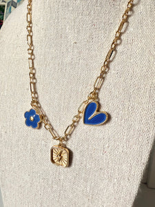 SJD Charm Necklace in Navy & Gold – Clover, Heart & Lightning Bolt