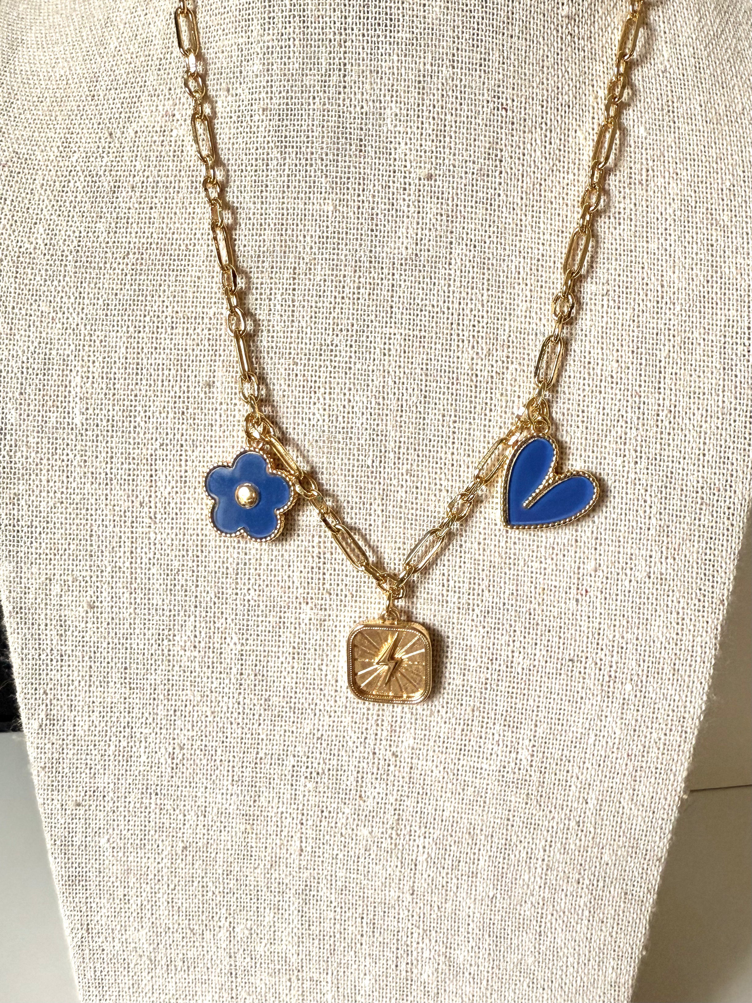 SJD Charm Necklace in Navy & Gold – Clover, Heart & Lightning Bolt
