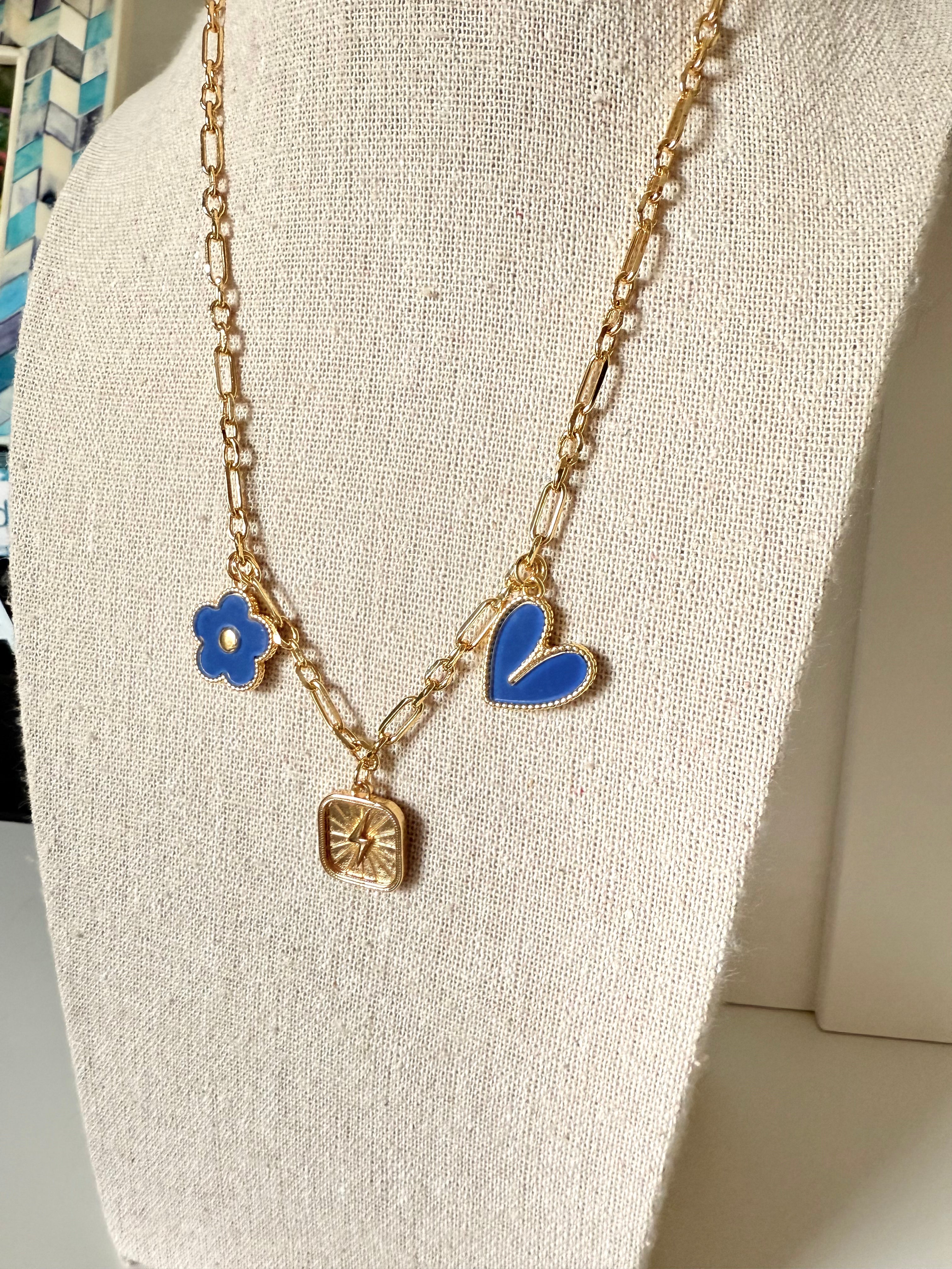 SJD Charm Necklace in Navy & Gold – Clover, Heart & Lightning Bolt