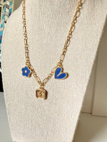 Load image into Gallery viewer, SJD Charm Necklace in Navy &amp; Gold – Clover, Heart &amp; Lightning Bolt
