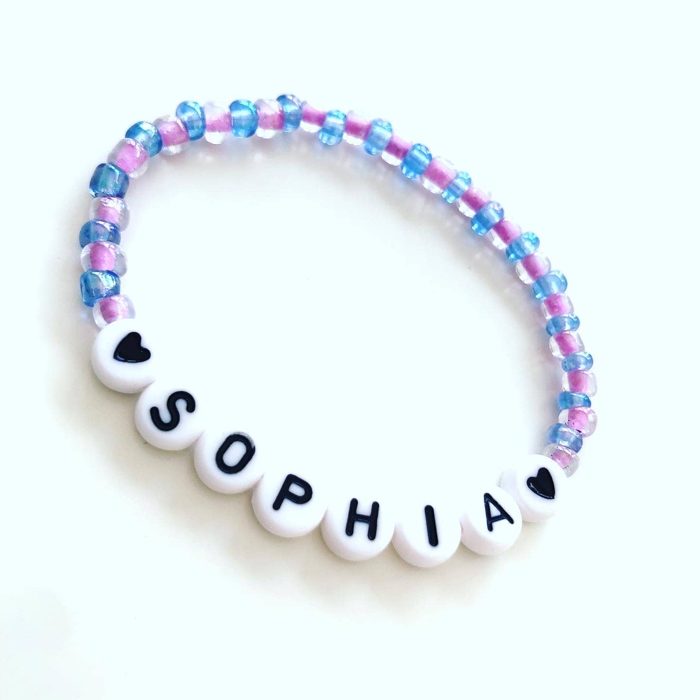 Iridescent Blue and Pink Kids Name Bracelet, Maddie