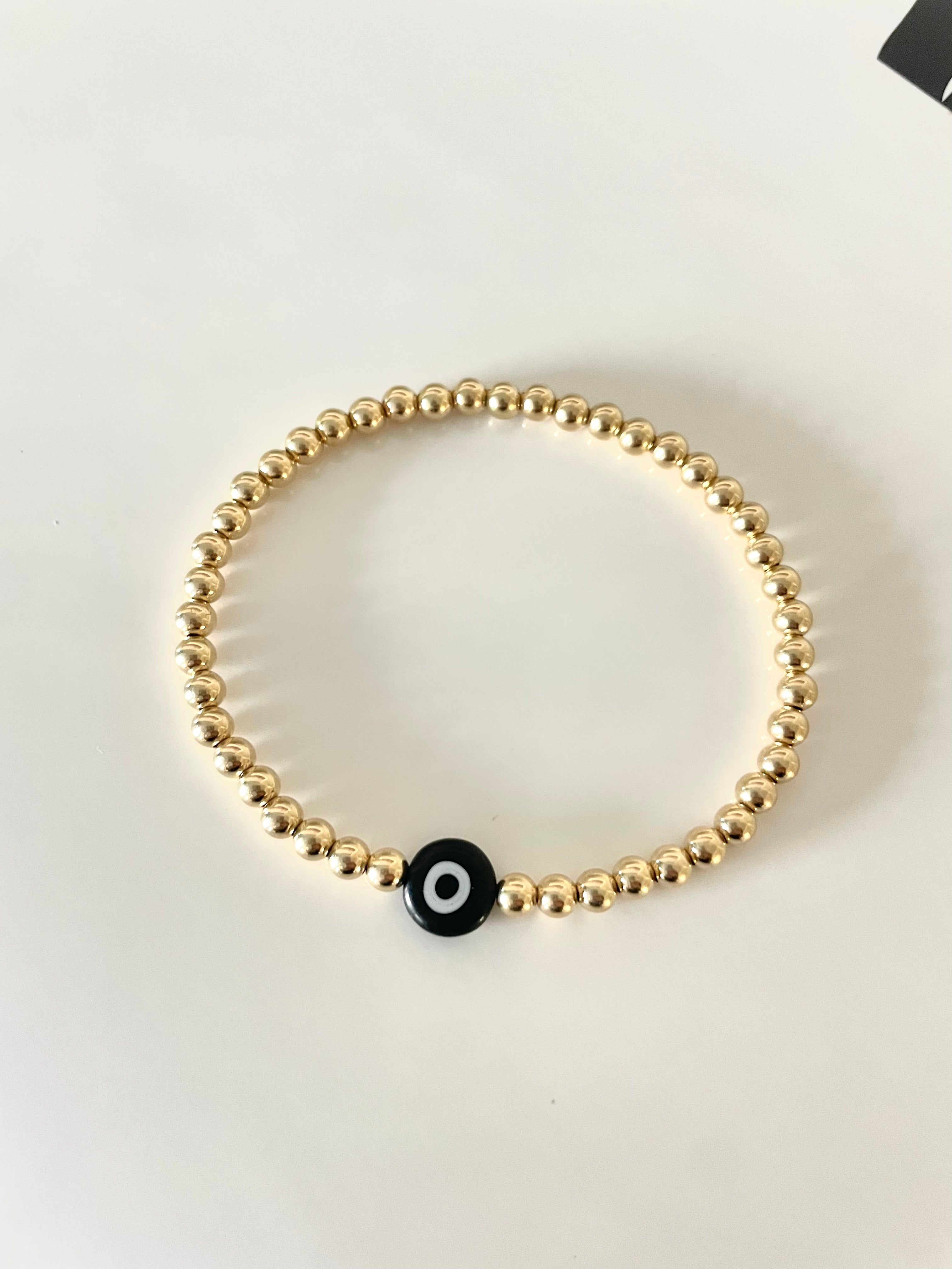 14k Gold Filled Beaded Gold Bracelet with Black Evil Eye Bead