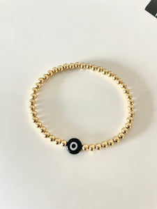 14k Gold Filled Beaded Gold Bracelet with Black Evil Eye Bead