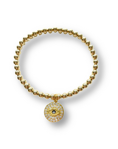 14k Gold Filled Beaded Bracelet with Round Evil Eye Charm