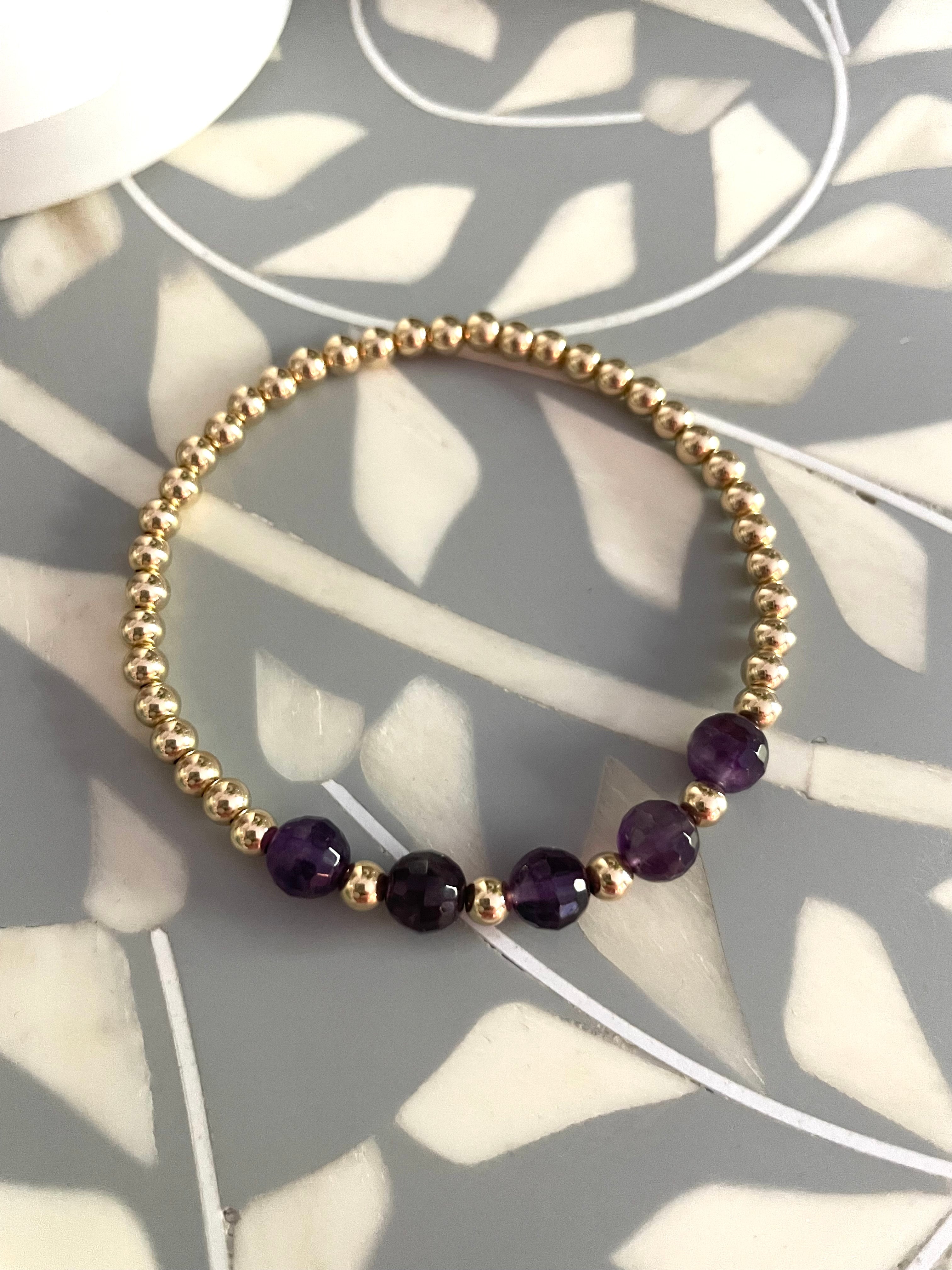 Gold Beaded Bracelet with Amethyst